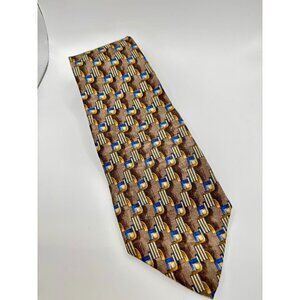 Geoffrey Beene Brown Gold & Blue Geometric Pattern 100% Silk Tie NWT Classic Mod